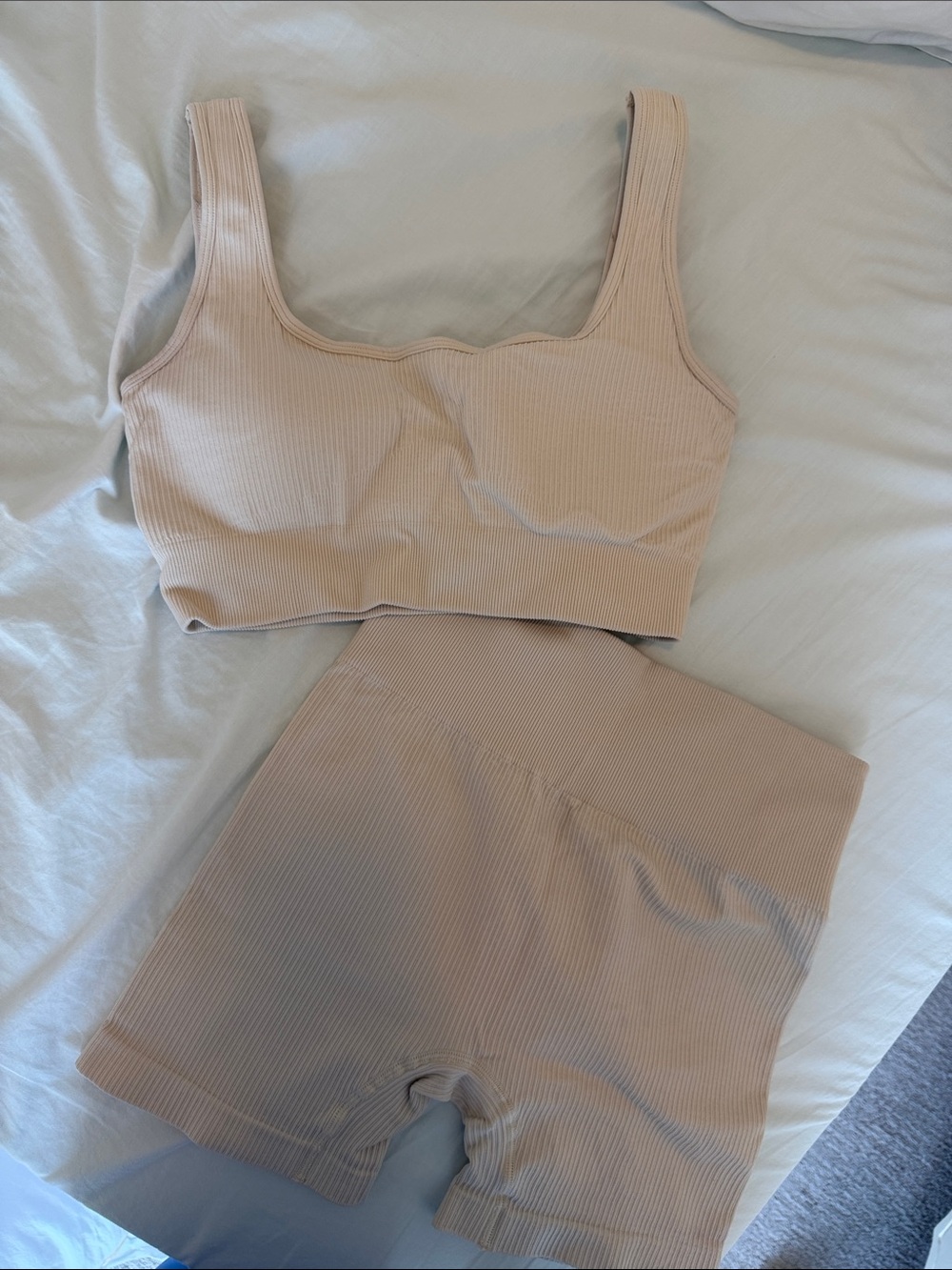 Ribbed Scoop Neck Bra and Biker Shorts Set - Cream